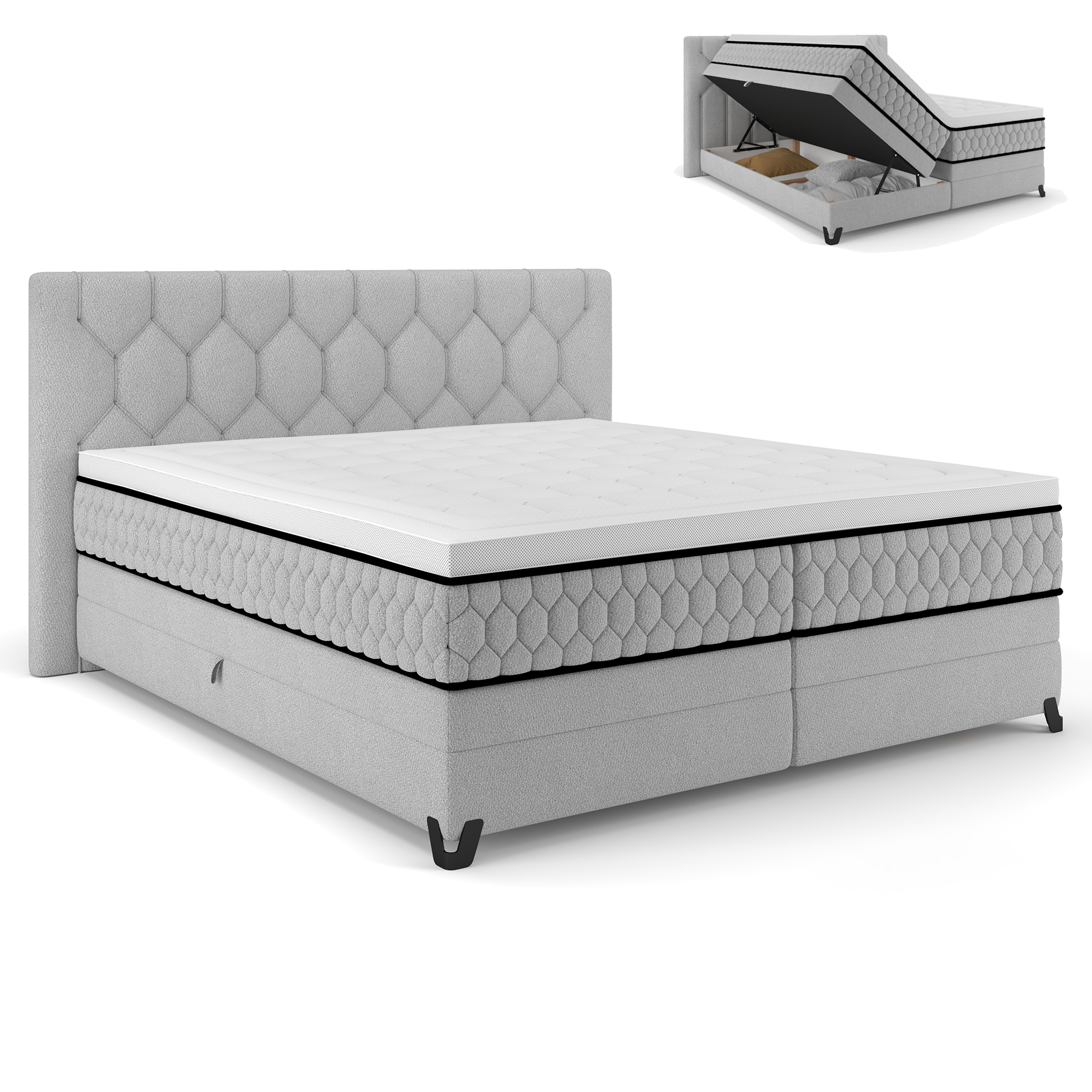 Boxspringbett - silber - mit Bettkasten - H2/H3 - 180x200 cm