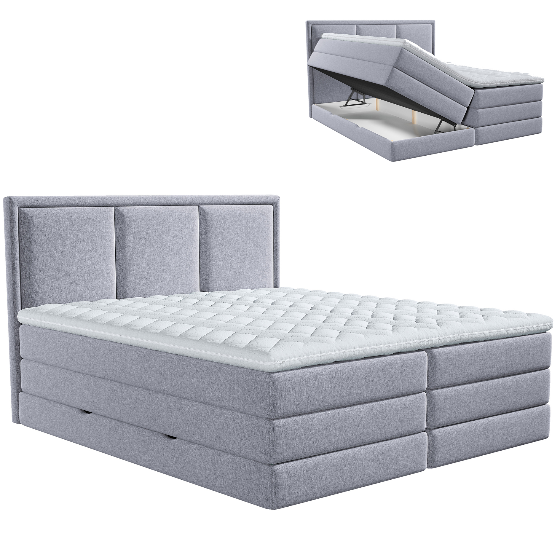 Boxspringbett - silbergrau - H3/H4 - Bettkasten - inklusive Topper - 200x200 cm