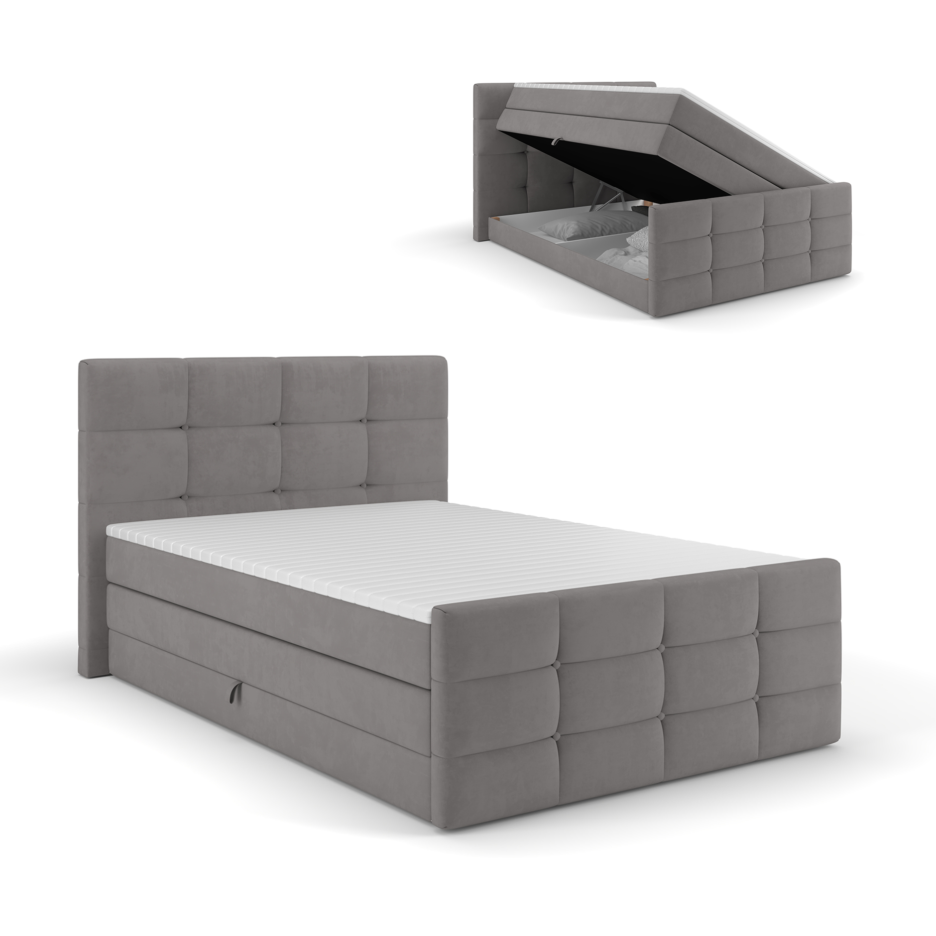 Boxspringbett - silbergrau - mit Bettkasten - H2 - 120x200 cm