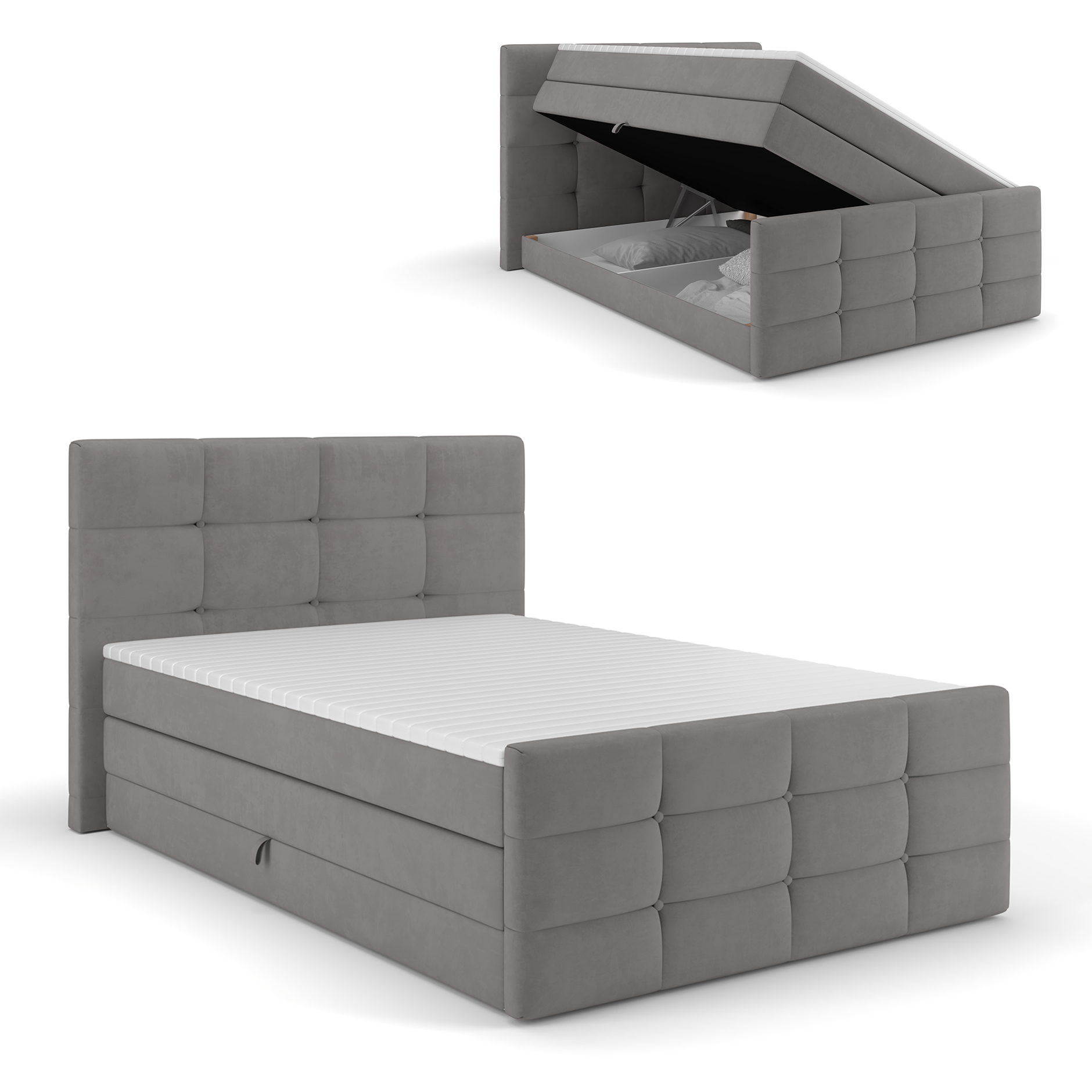 Boxspringbett - silbergrau - mit Bettkasten - H2 - 140x200 cm