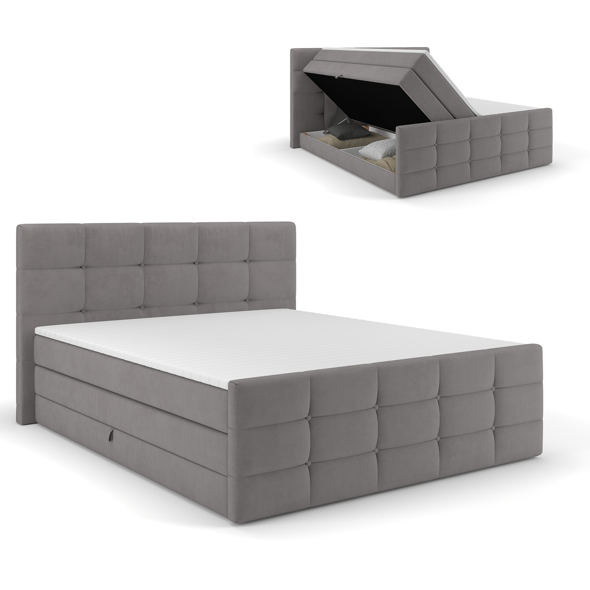 Boxspringbett - silbergrau - mit Bettkasten - H2 - 160x200 cm