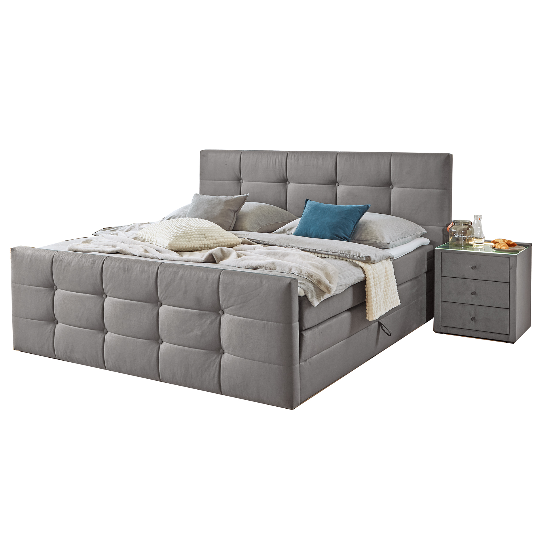 Boxspringbett - silbergrau - mit Bettkasten - H2 - 180x200 cm