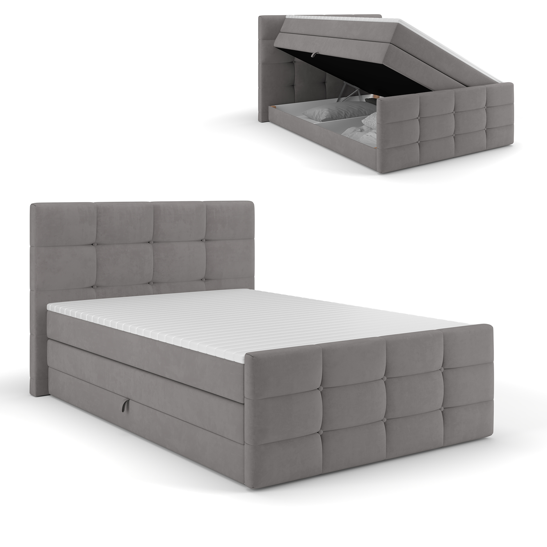 Boxspringbett - silbergrau - mit Bettkasten - H2/H3 - 120x200 cm