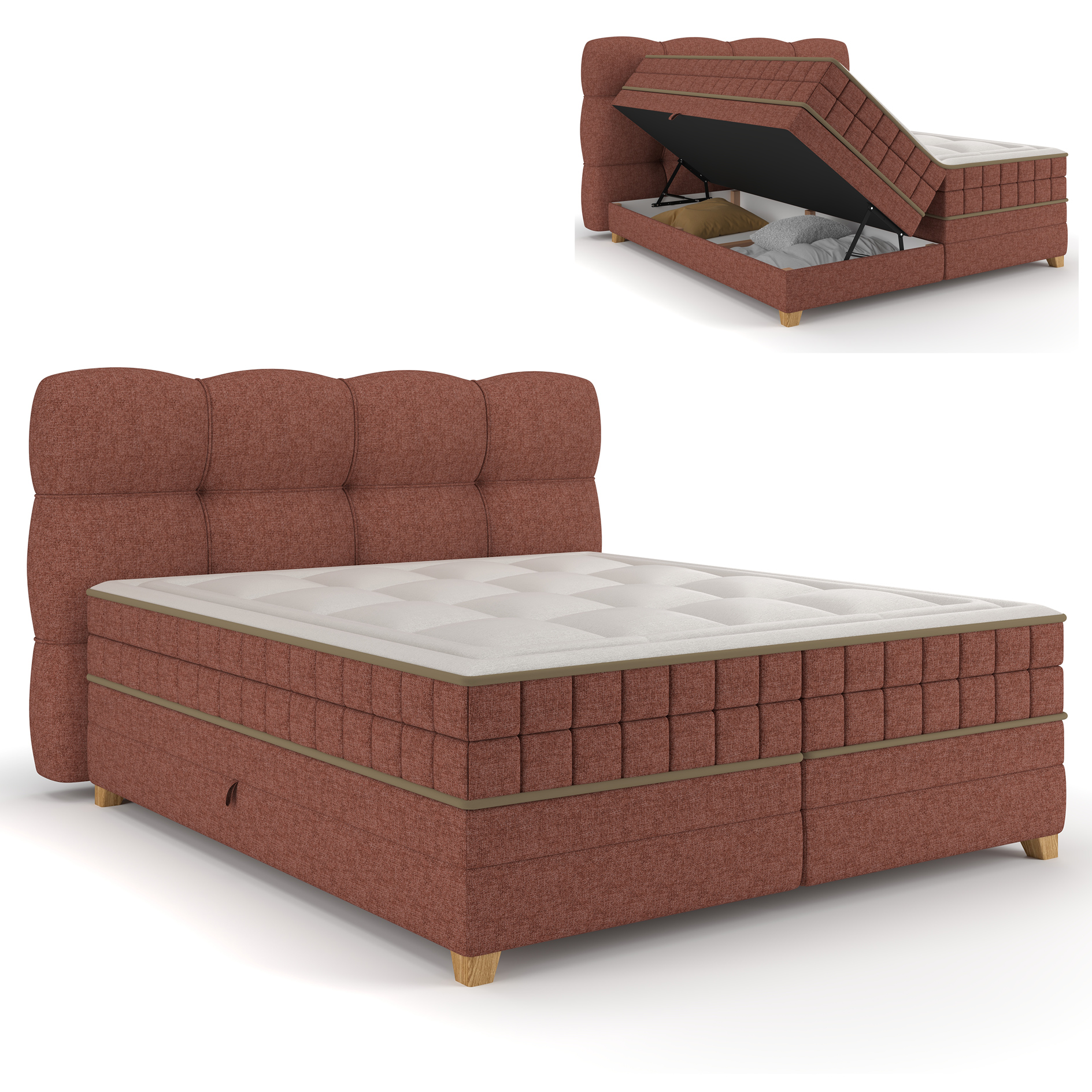 Boxspringbett - ziegelrot - H2/H3 - Bettkasten - 180x200 cm