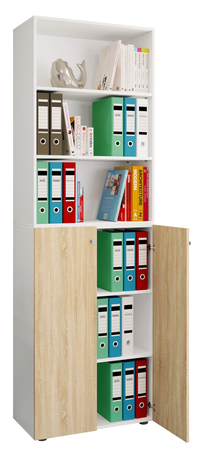 Büroschrank LONA XXL - Sonoma Eiche - weiß - mit Regal - 2 Drehtüren