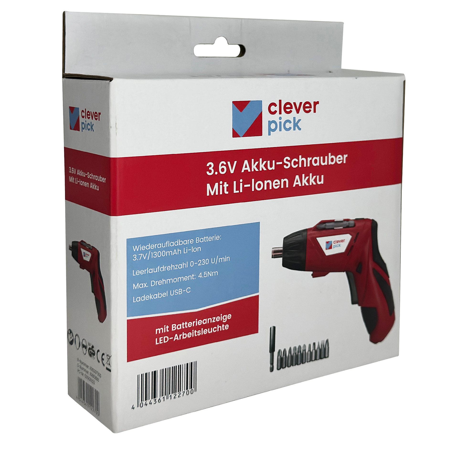 cleverpick Akkuschrauber - rot-schwarz - USB-C - inklusive Bits