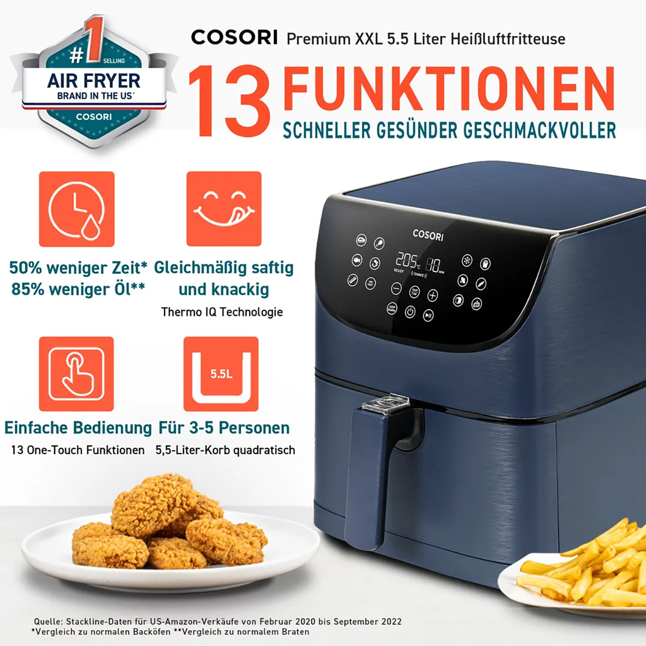 COSORI Heißluftfritteuse XXL 5,5 Liter – 1700W, 11 Programme, Digital-Display – Inkl. 100 Rezepte Auf Deutsch