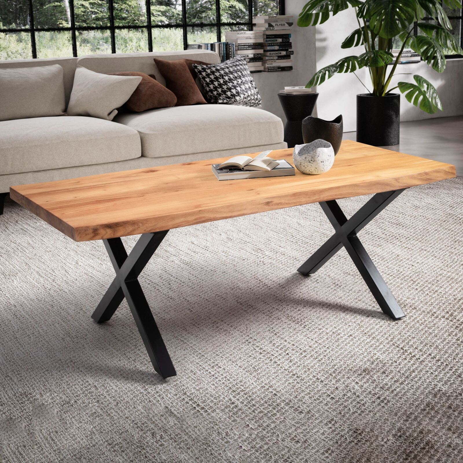 Couchtisch - Akazie massiv - X-Gestell schwarz - 120x60 cm