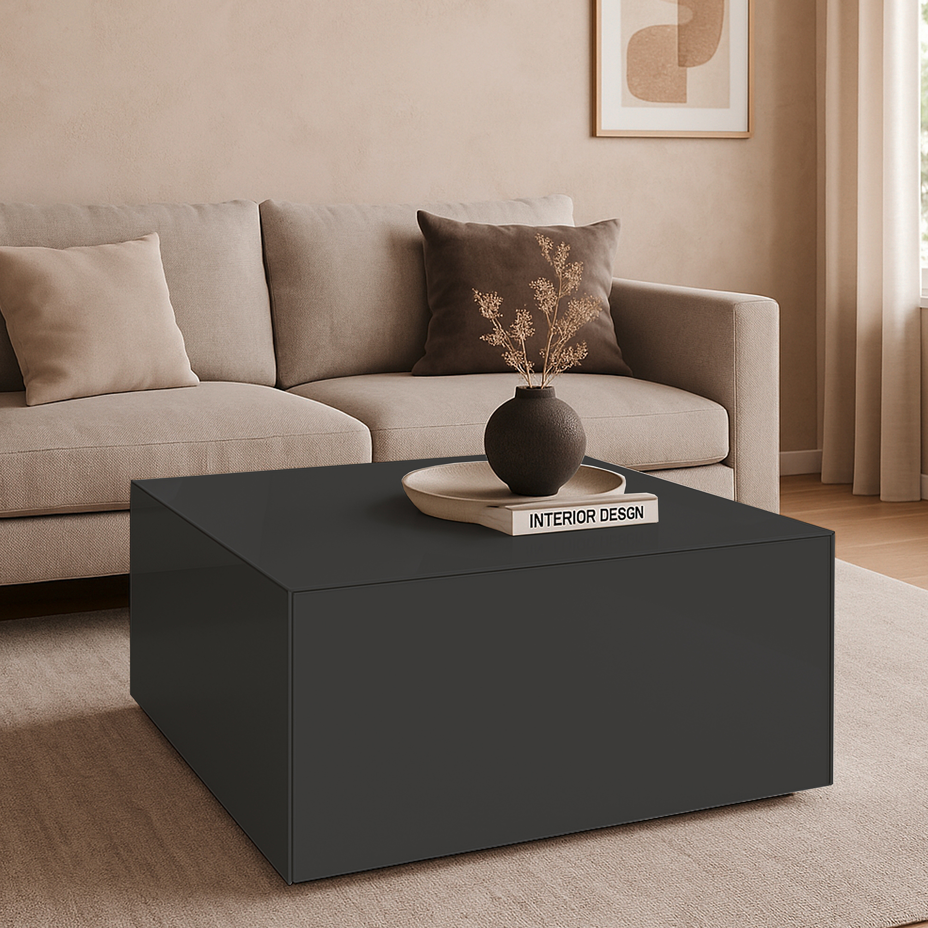 Couchtisch - anthrazit matt - mit Glas - mit Schubkasten