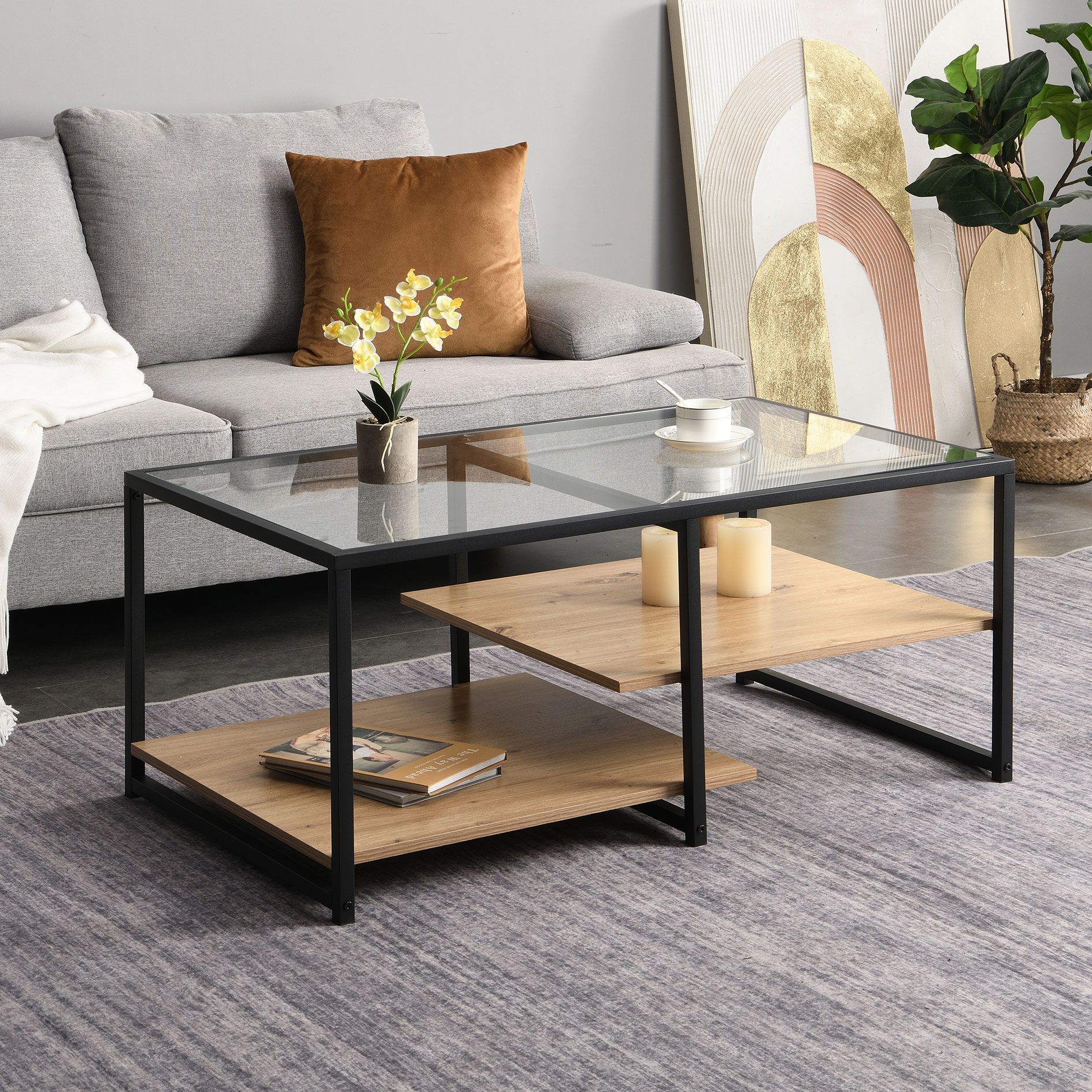 couchtisch - artisan eiche - schwarz - glas - 100 cm | online bei