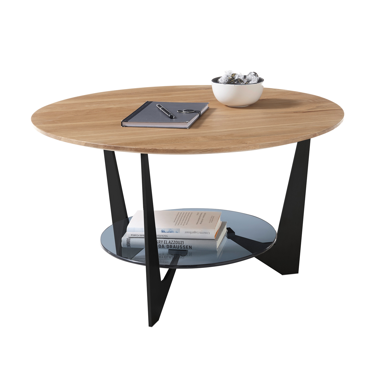 Couchtisch - Eiche natur-schwarz matt - Massivholz - Ø 70 cm