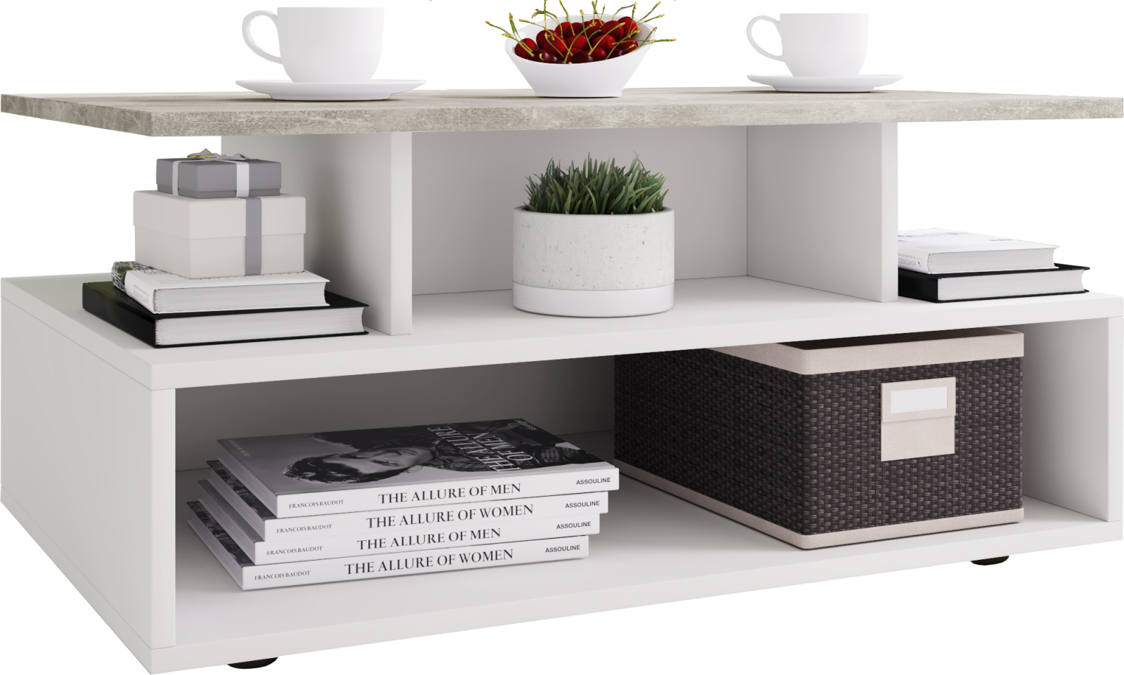 Couchtisch ESILA - weiß-Beton - 5 Fächer - 80 cm