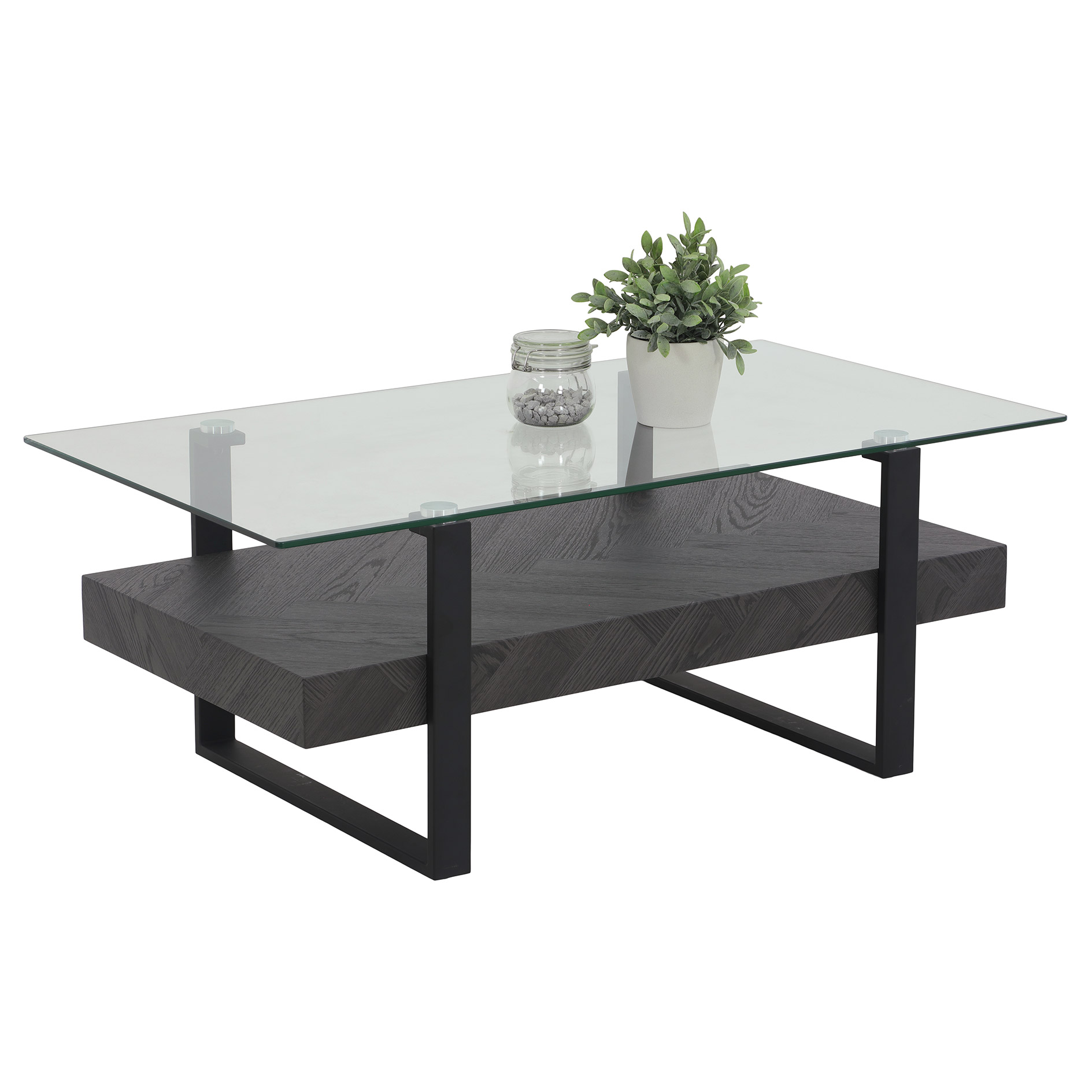 Couchtisch - Fischgrätoptik grau - schwarz - Klarglas - 110 cm