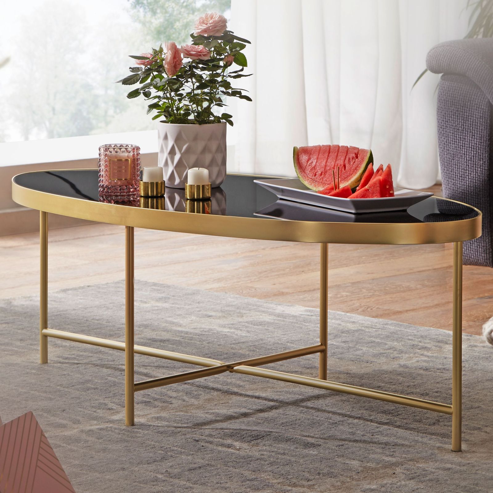 Couchtisch - gold-schwarz - Marmor-Optik - oval