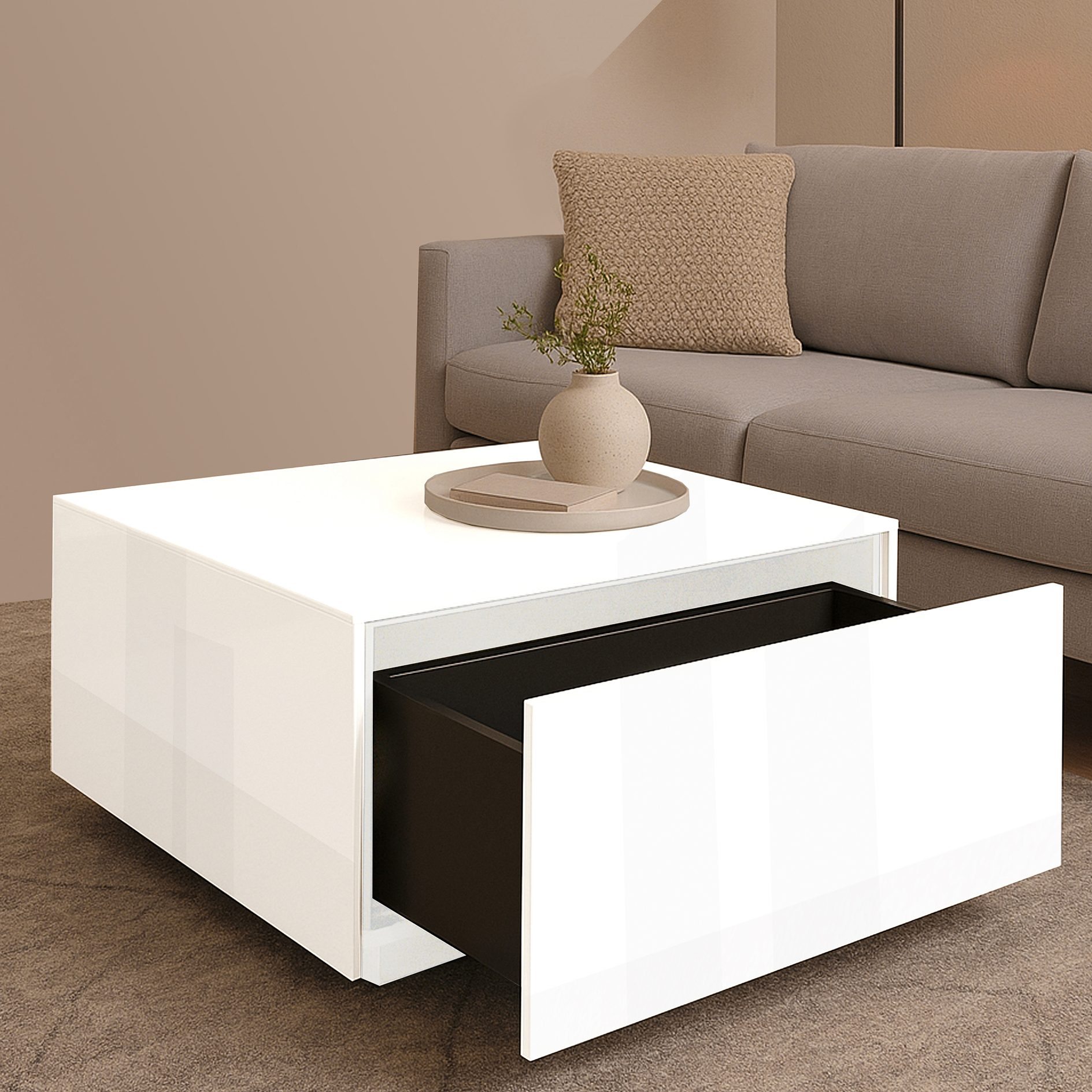 Couchtisch - ice white matt - mit Glas - mit Schubkasten