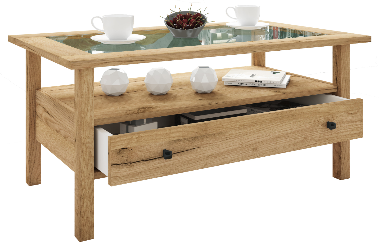 Couchtisch LINGIS L - Honig-Eiche - Glasplatte