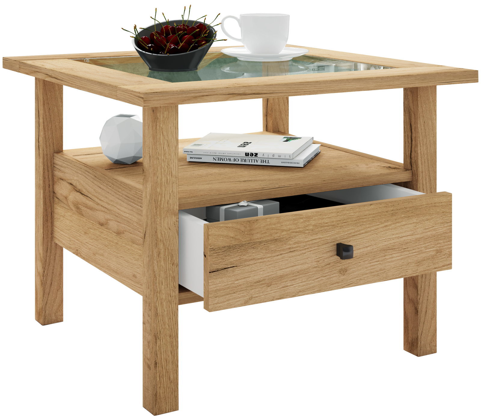 Couchtisch LINGIS M - Honig-Eiche - Glasplatte