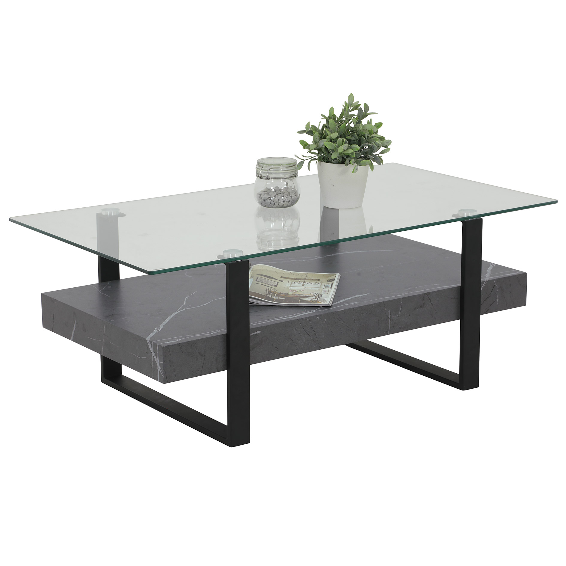 Couchtisch - Marmoroptik grau - schwarz - Klarglas - 110 cm