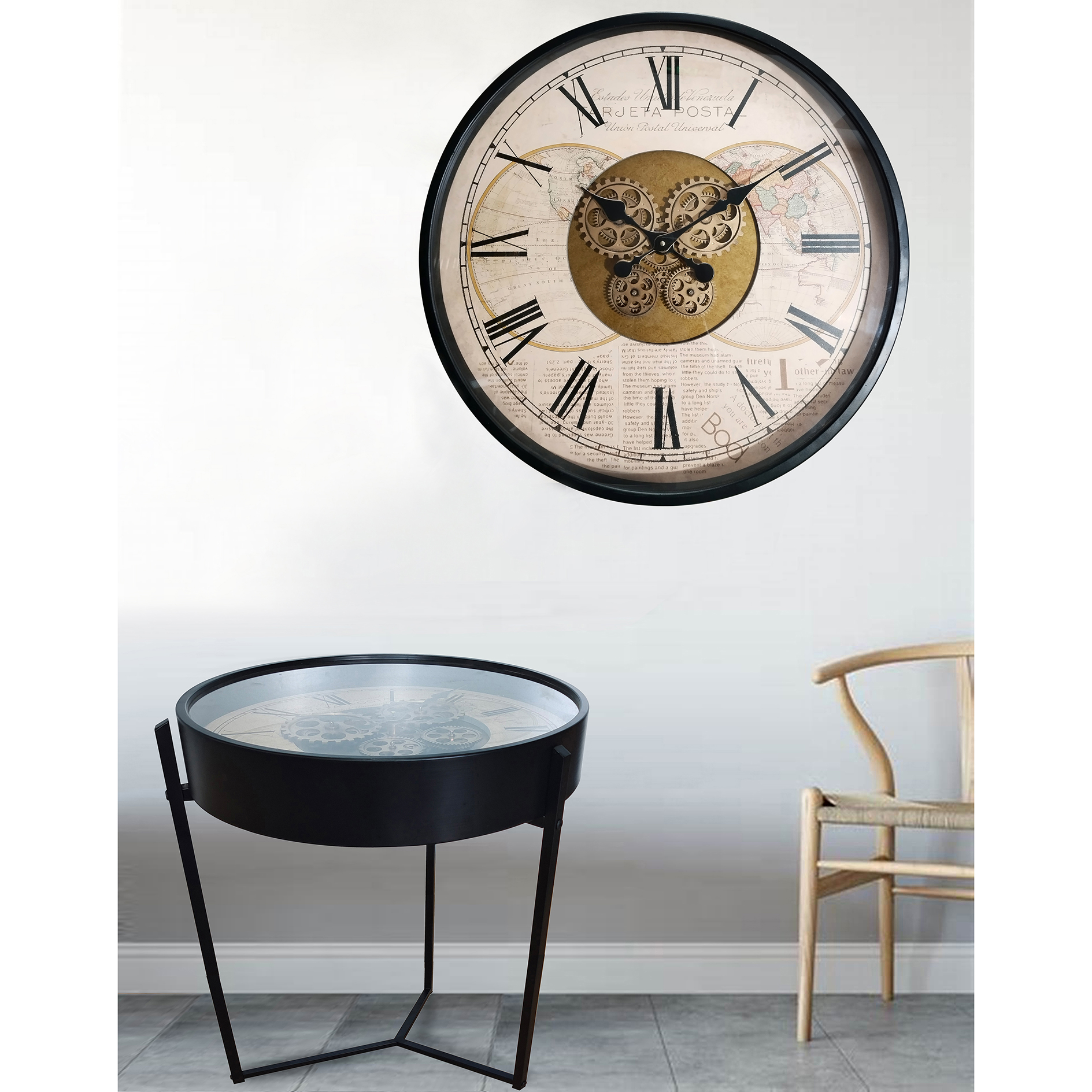 Couchtisch - schwarz-beige - mit Uhr - Ø 49 cm