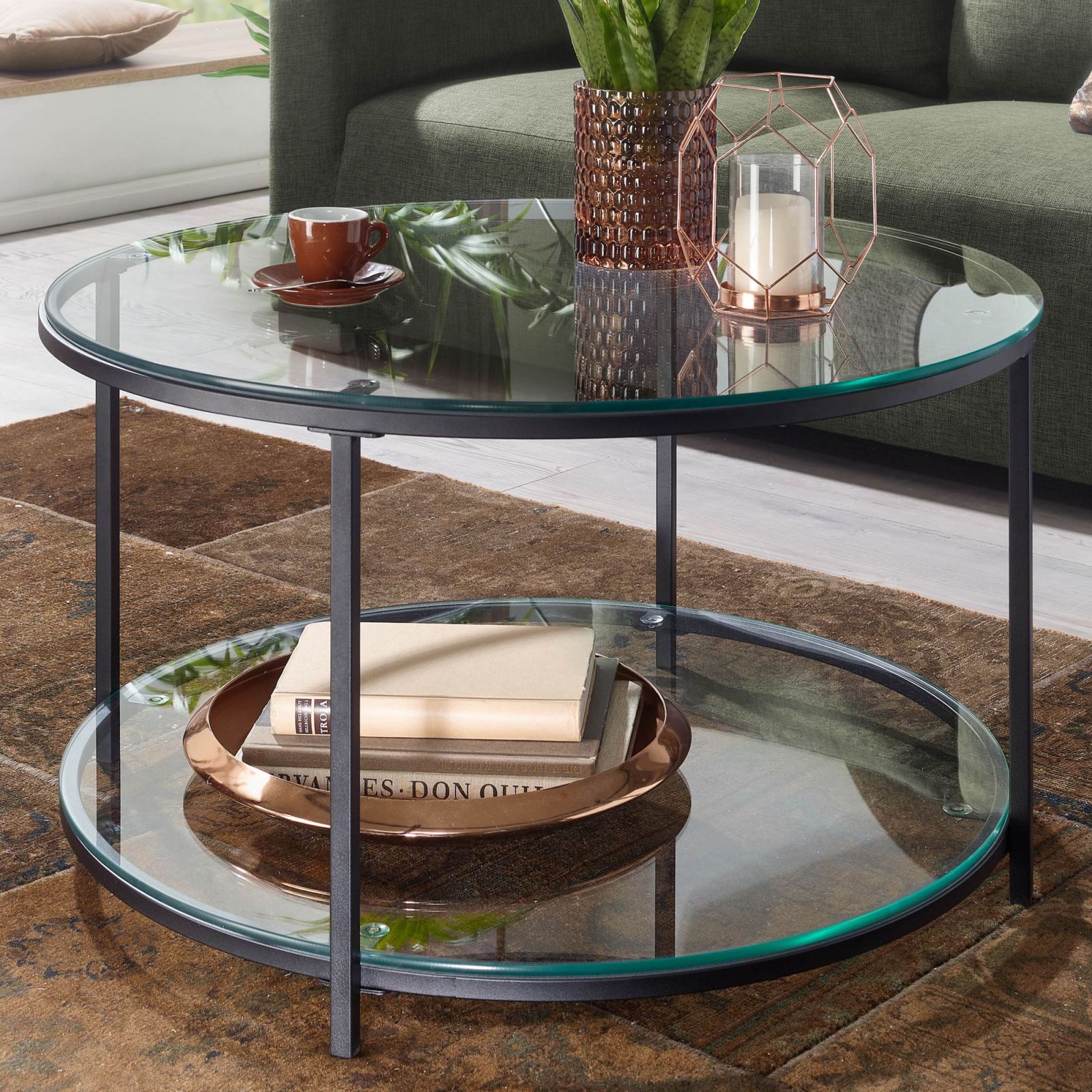 couchtisch - schwarz - glas - mit ablage - 80 cm