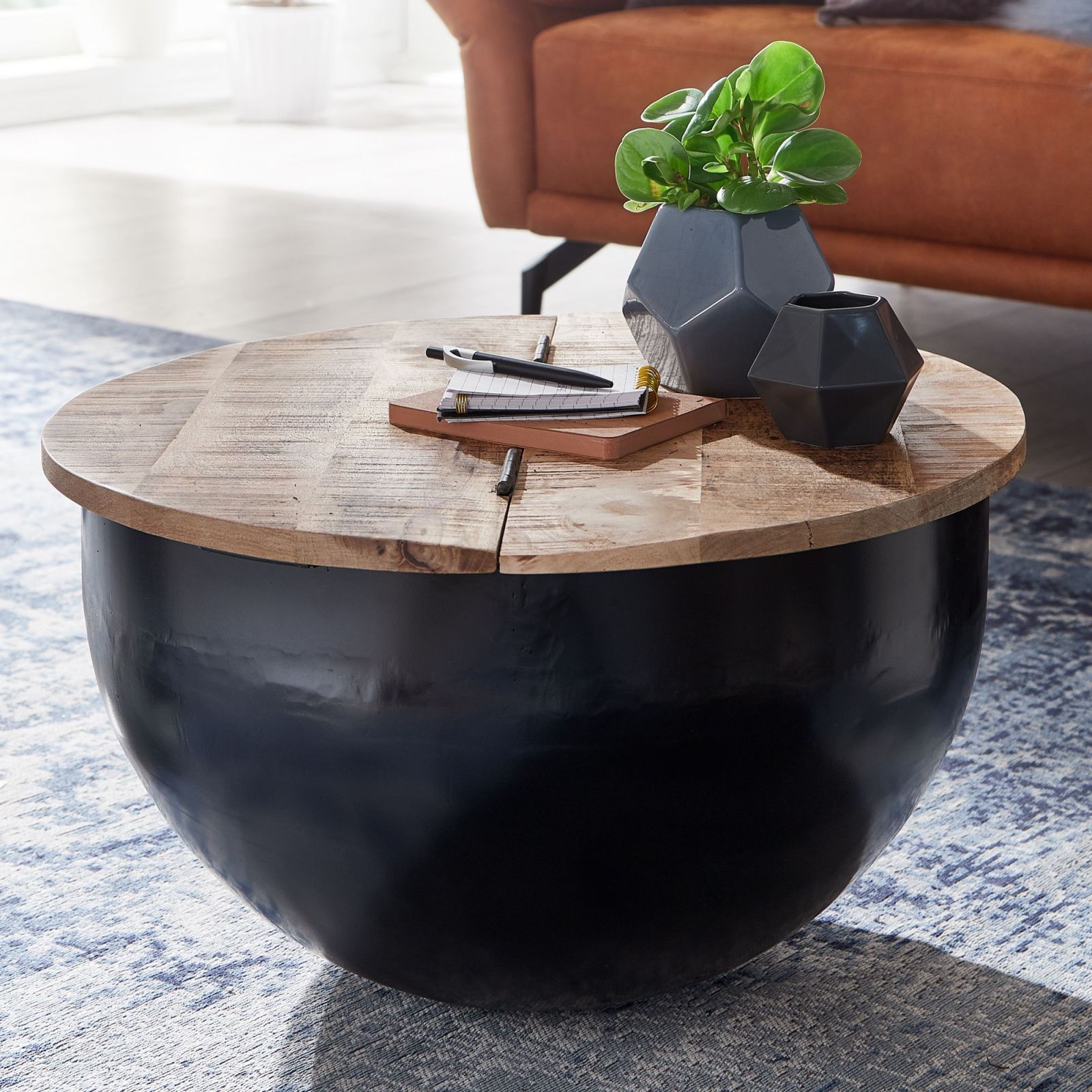Couchtisch - schwarz-holzfarben - Mango massiv - Ø 60 cm 