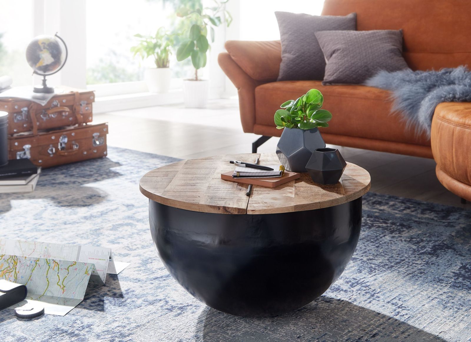 Couchtisch - schwarz-holzfarben - Mango massiv - Ø 60 cm 