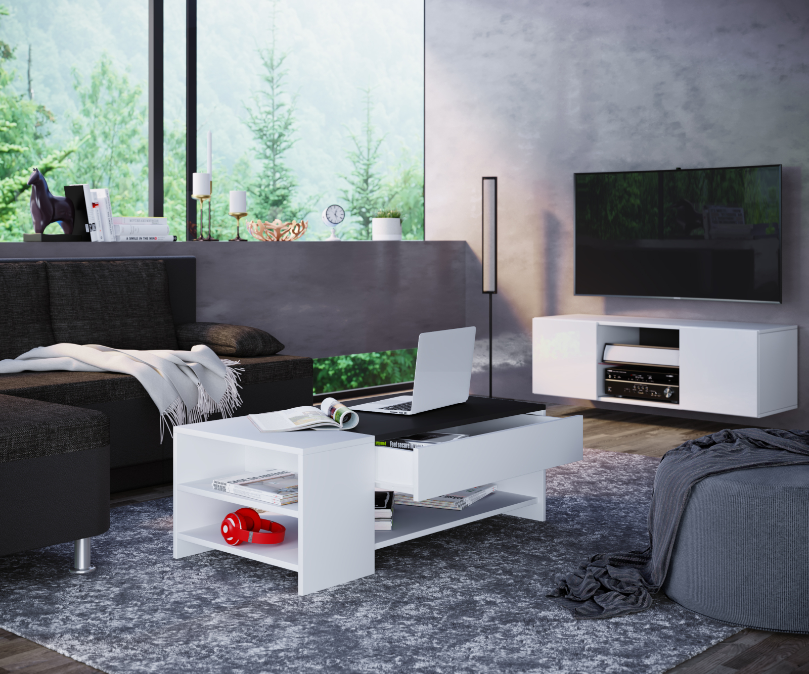 Couchtisch TINDUS - weiß-schwarz - mit Schublade