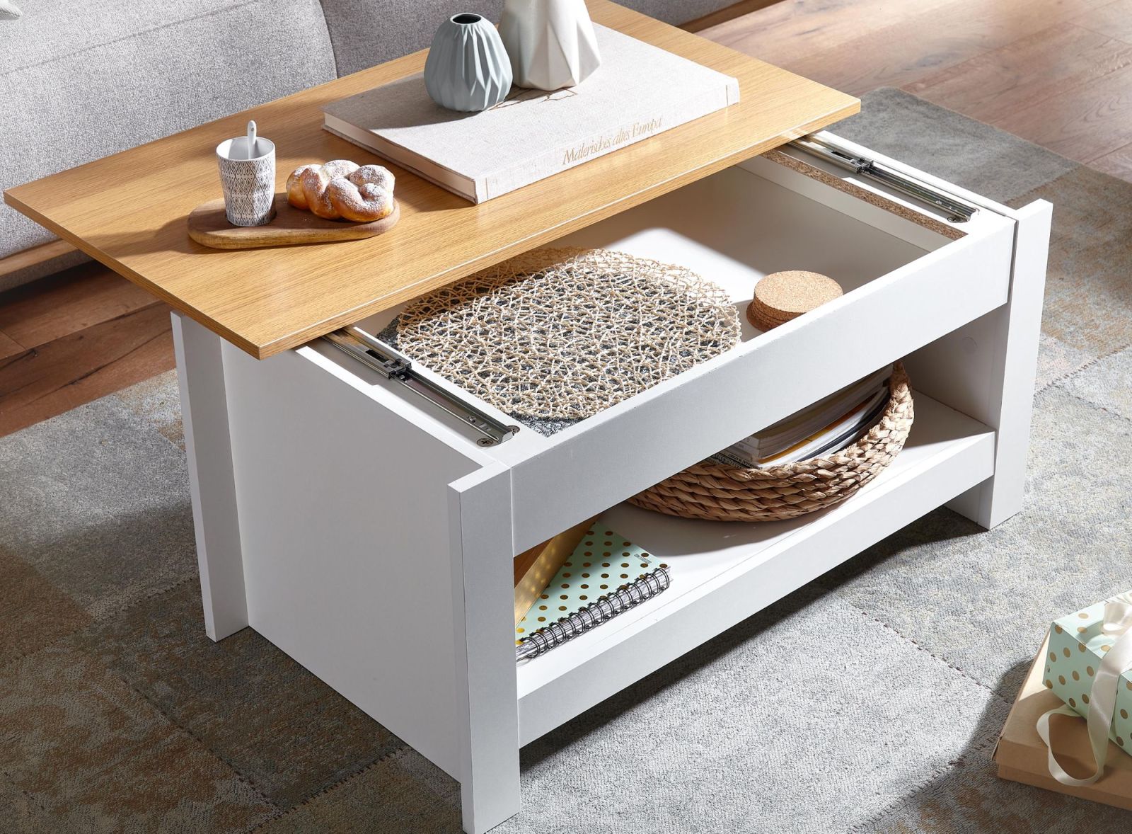 Couchtisch - weiß-Eiche - mit Stauraum - 85 cm