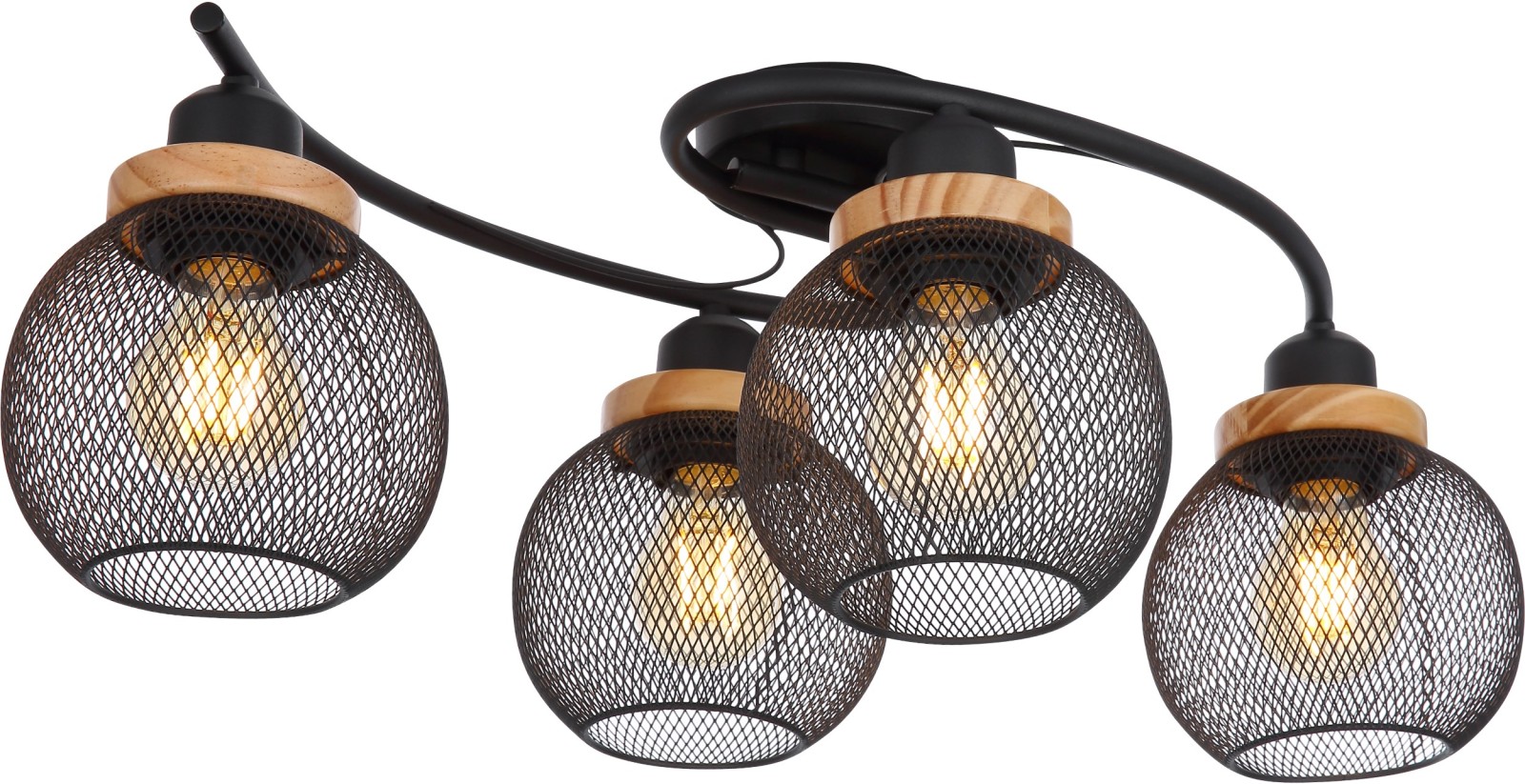 Deckenlampe - schwarz matt - Holz - Metallgeflecht