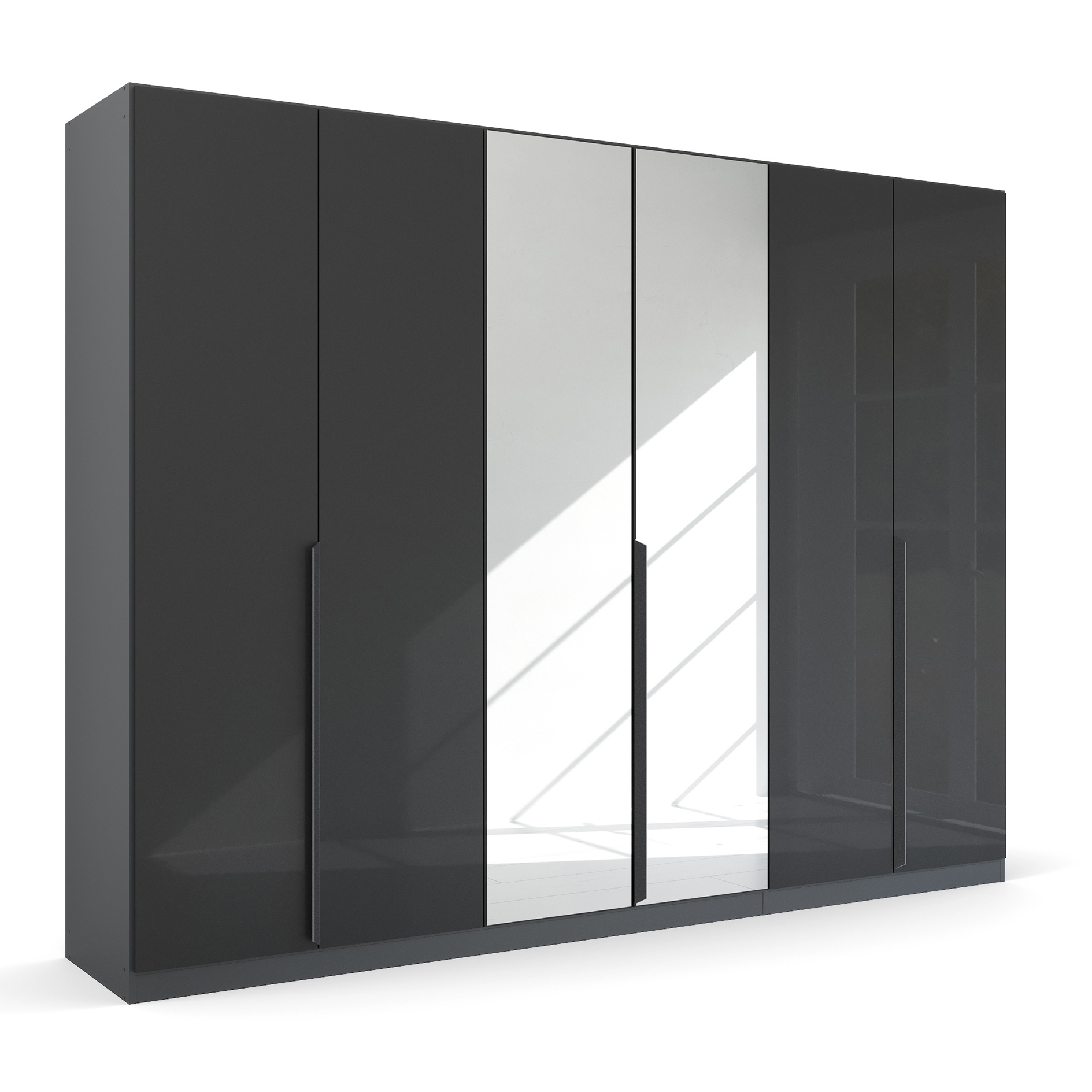 Drehtürenschrank - grau metallic Hochglanz - 6 Türen - Spiegel - 271 cm