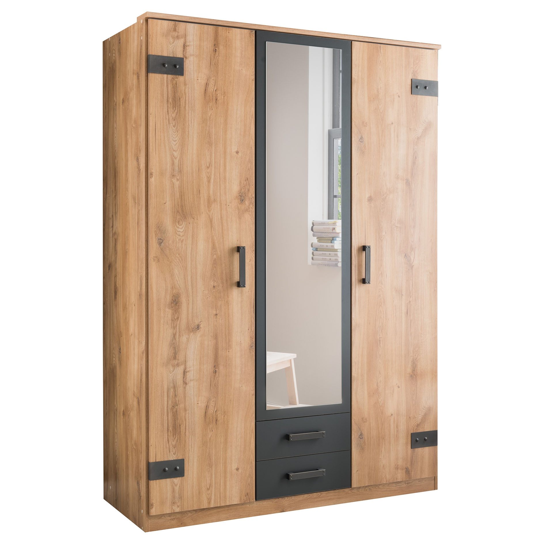Drehtürenschrank - Plankeneiche - Grafit - mit Spiegel - 3 Türen - 135 cm breit