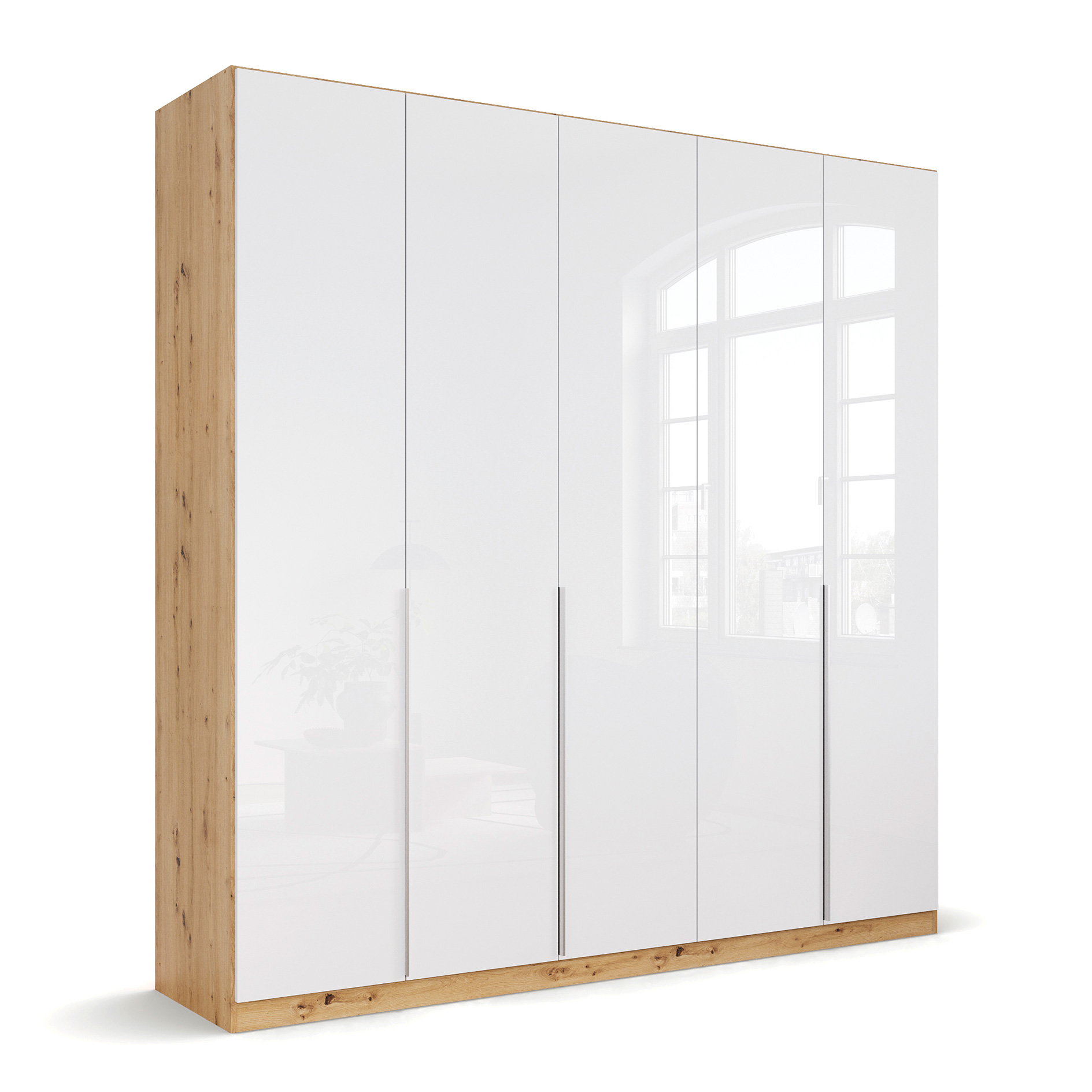 Drehtürenschrank - weiß Hochglanz-Artisan Eiche - 5-türig - 226x229 cm