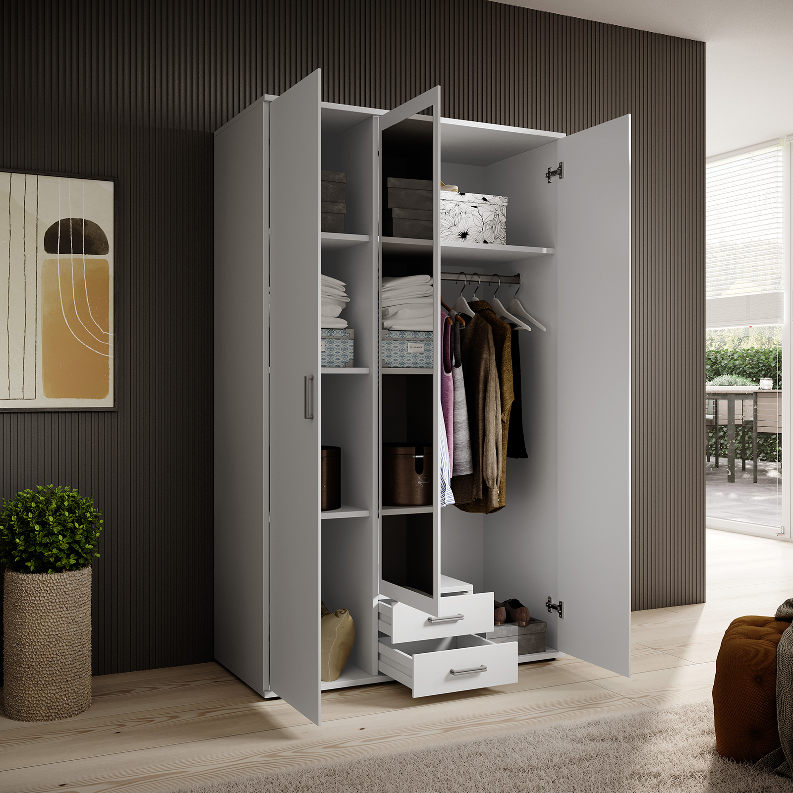 Drehtürenschrank - weiß - Spiegel - 195 cm