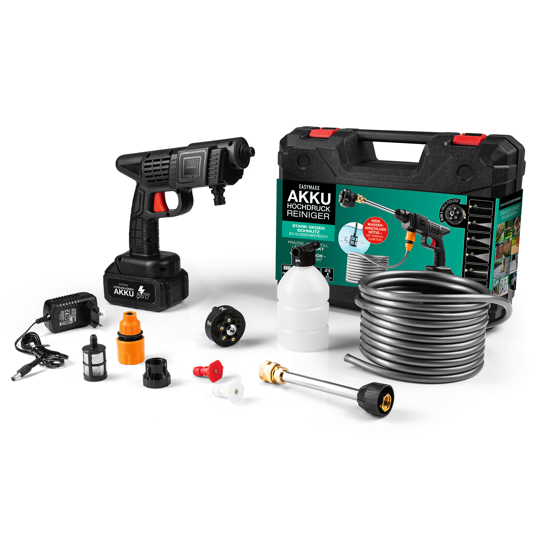 EASYMAXX Akku-Hochdruckreiniger - schwarz - 6in1 Multidüse