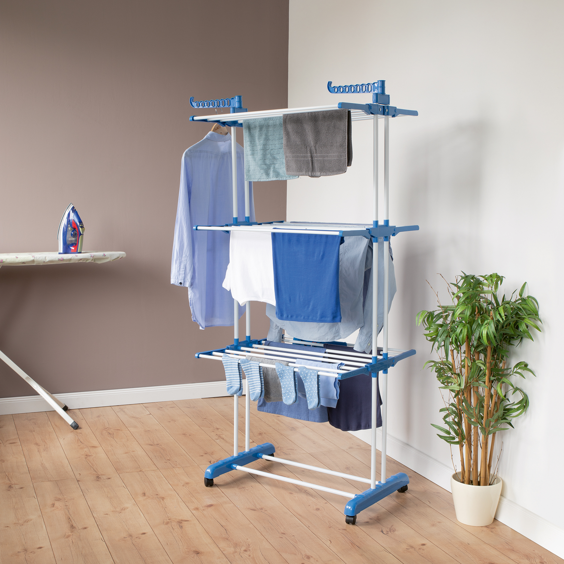 EASYmaxx Turmwäscheständer - weiß-blau - rollbar