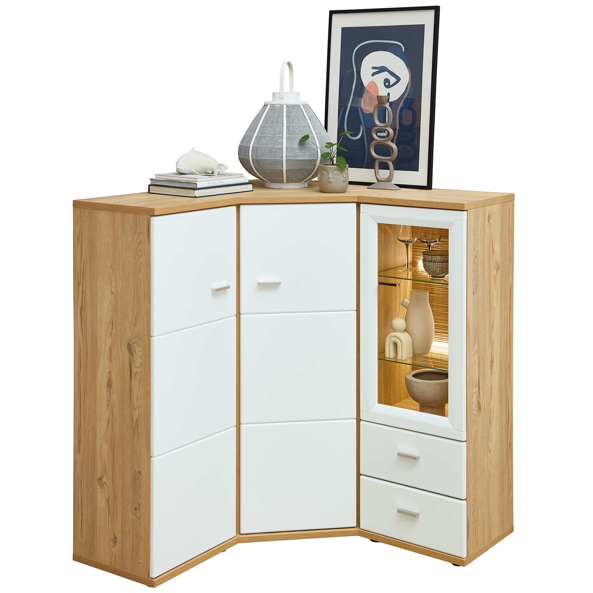 Eck-Highboard - weiß-Risseiche - 132 cm hoch