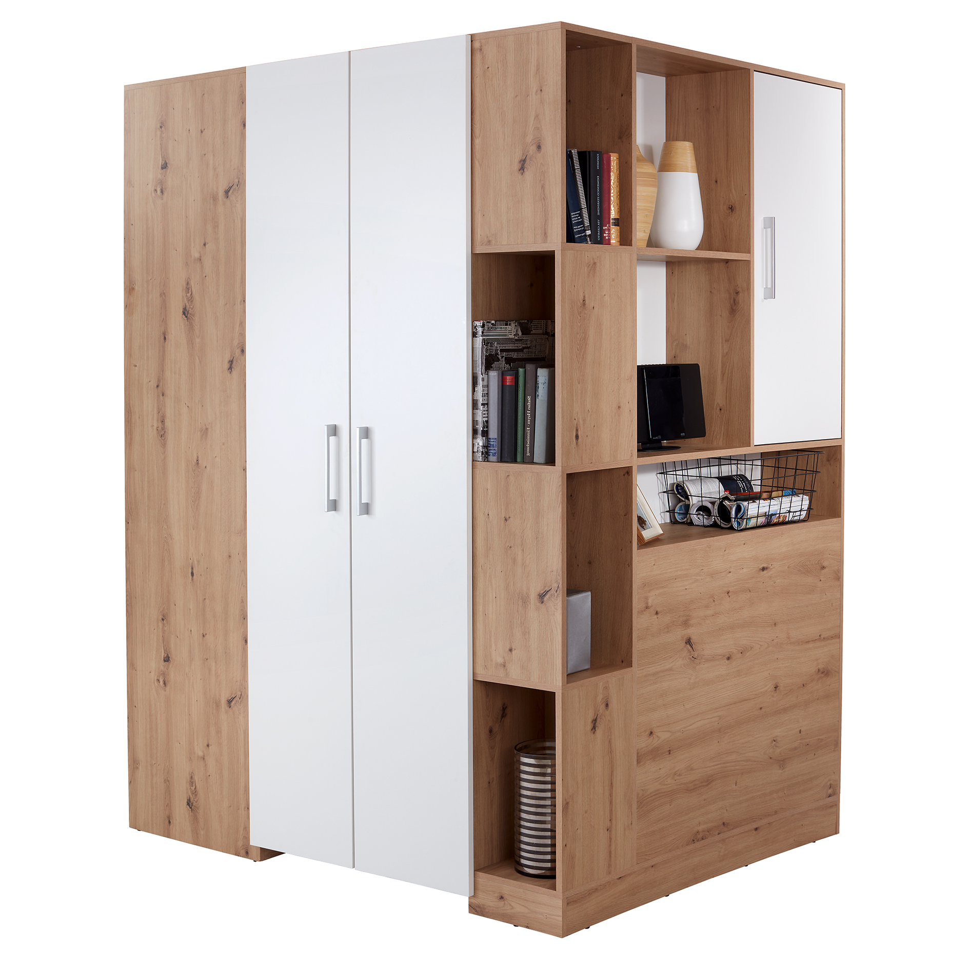 Eckschrank - Artisan Eiche - alpinweiß - begehbar