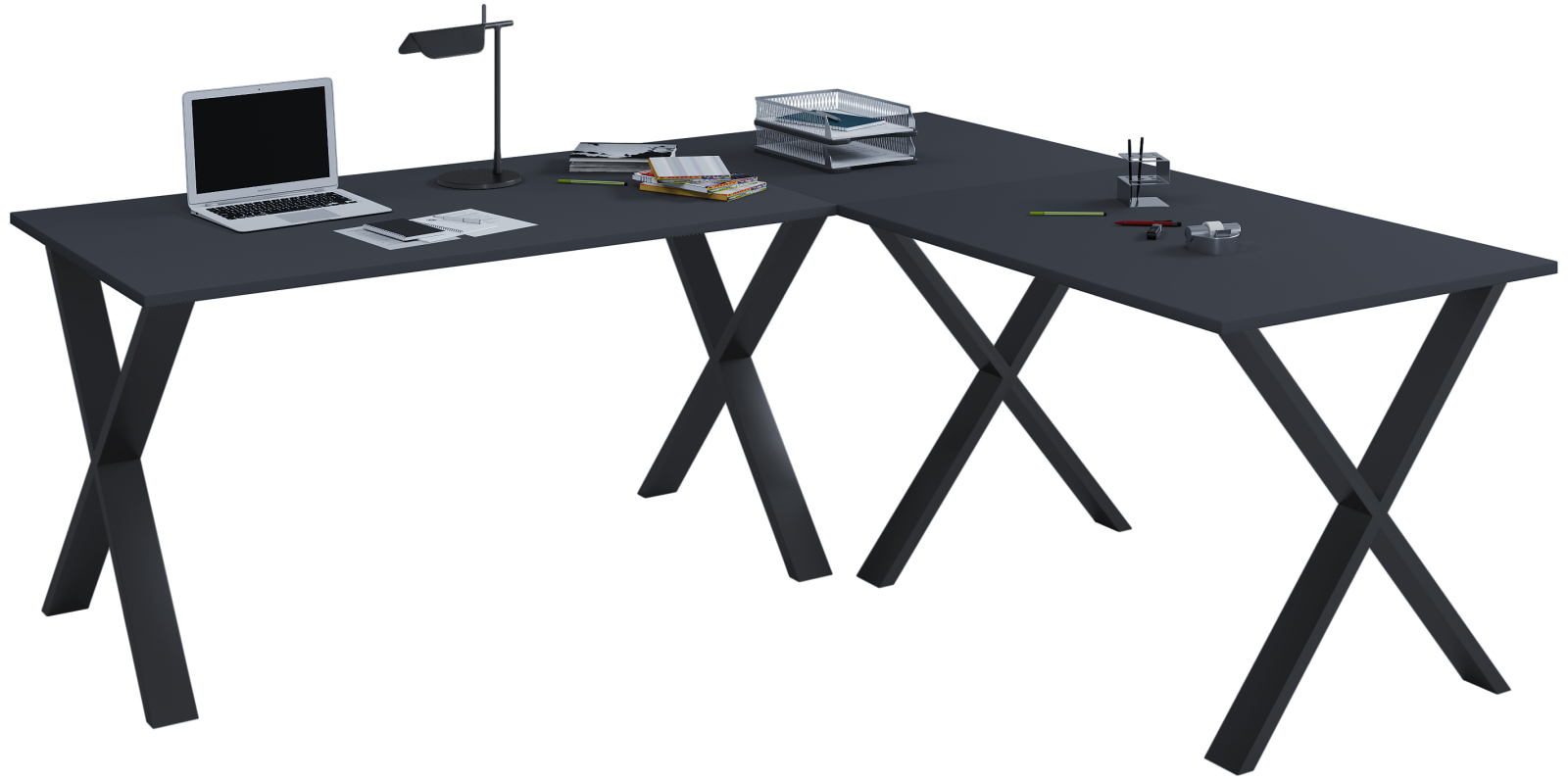 Eckschreibtisch LONA - anthrazit-schwarz - X-Gestell - 220x220 cm
