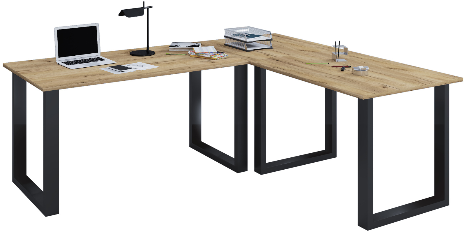 Eckschreibtisch LONA - Honig Eiche - schwarz - U-Gestell - 160x160 cm