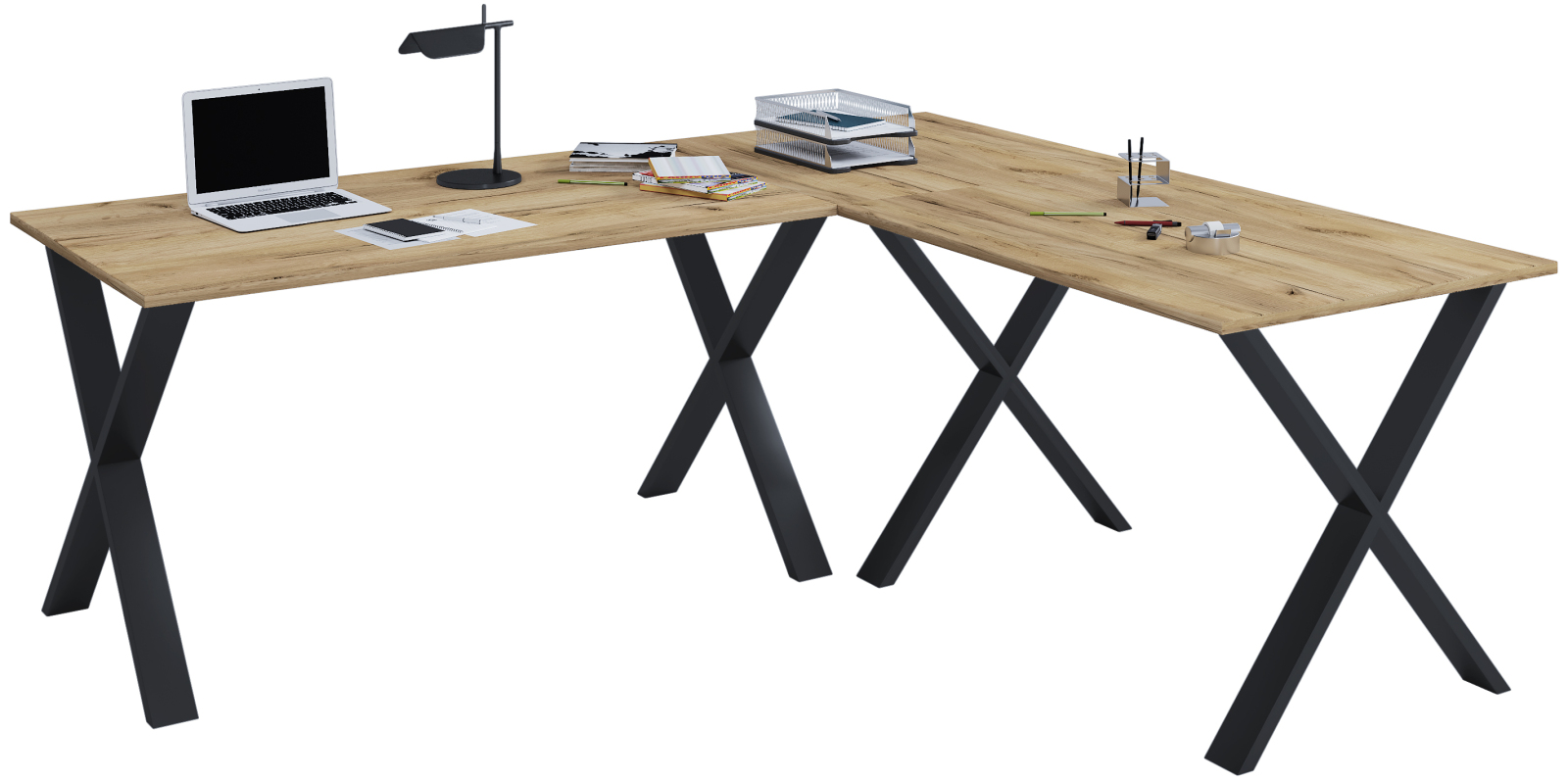 Eckschreibtisch LONA - Honig Eiche - schwarz - X-Gestell - 160x160 cm