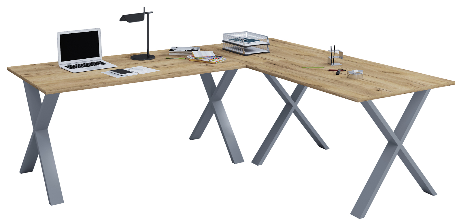Eckschreibtisch LONA - Honig Eiche - silber - X-Gestell - 220x220 cm