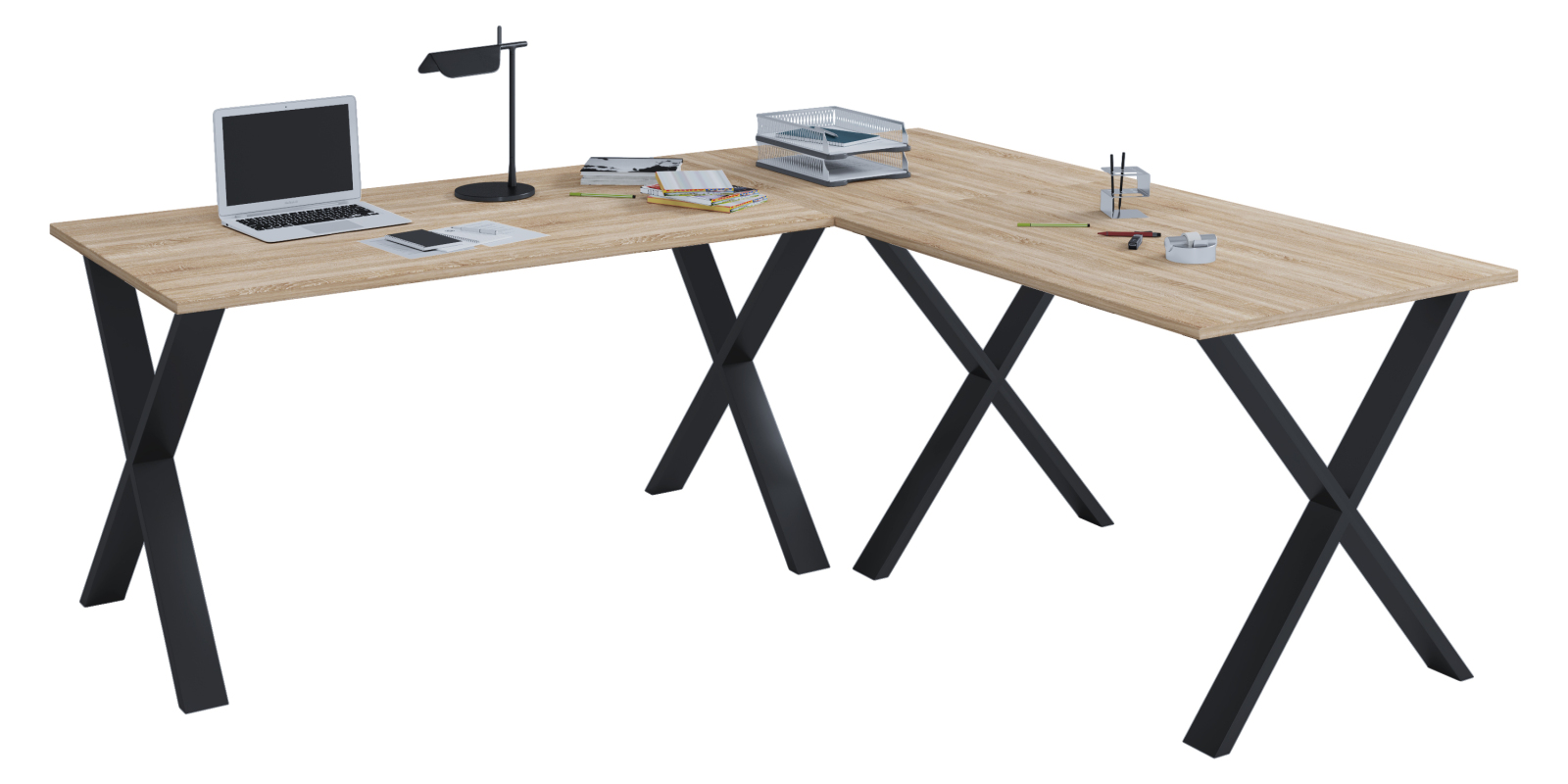 Eckschreibtisch LONA - Sonoma Eiche - schwarz - X-Gestell - 220x220 cm