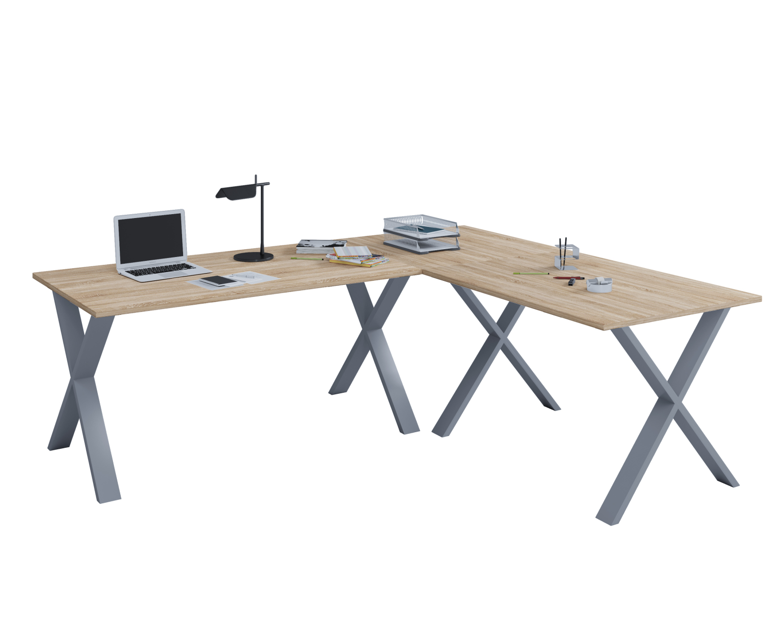 Eckschreibtisch LONA - Sonoma Eiche - silber - X-Gestell - 220x220 cm
