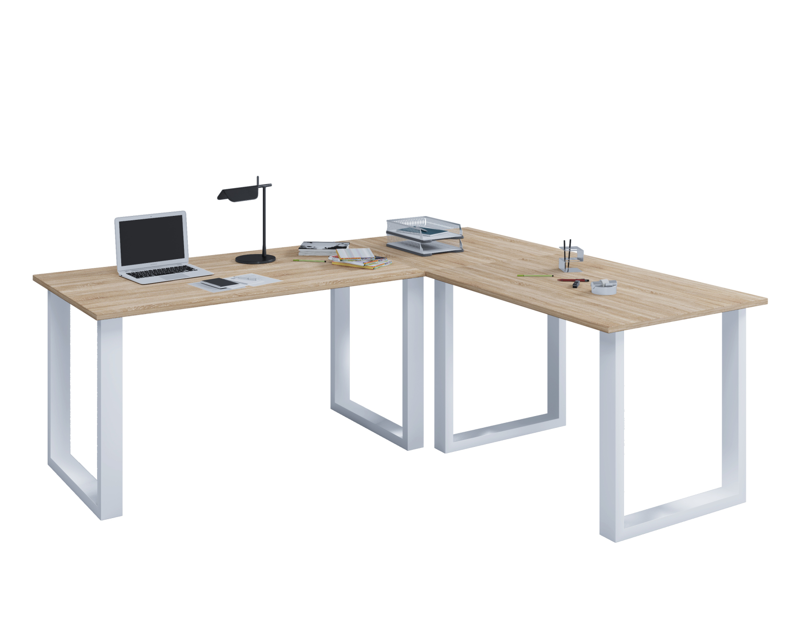 Eckschreibtisch LONA - Sonoma Eiche - weiß - U-Gestell - 220x220 cm