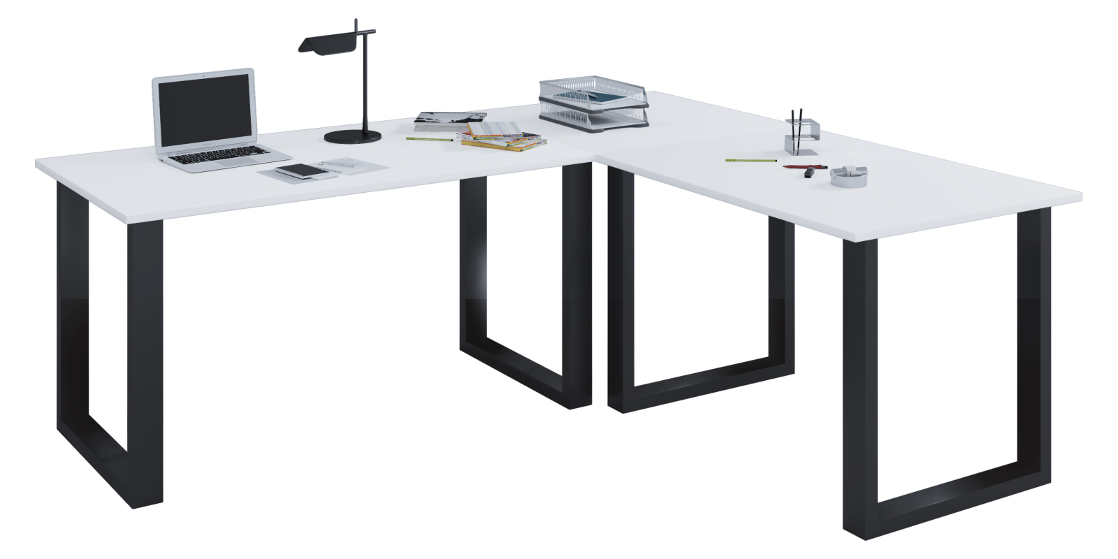 Eckschreibtisch LONA - weiß-schwarz - U-Gestell - 220x220 cm