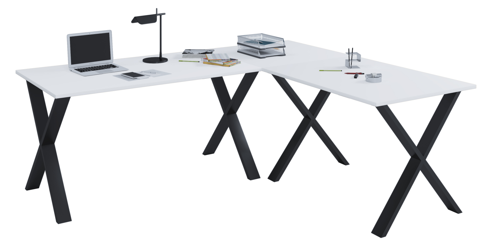 Eckschreibtisch LONA - weiß-schwarz - X-Gestell - 220x220 cm