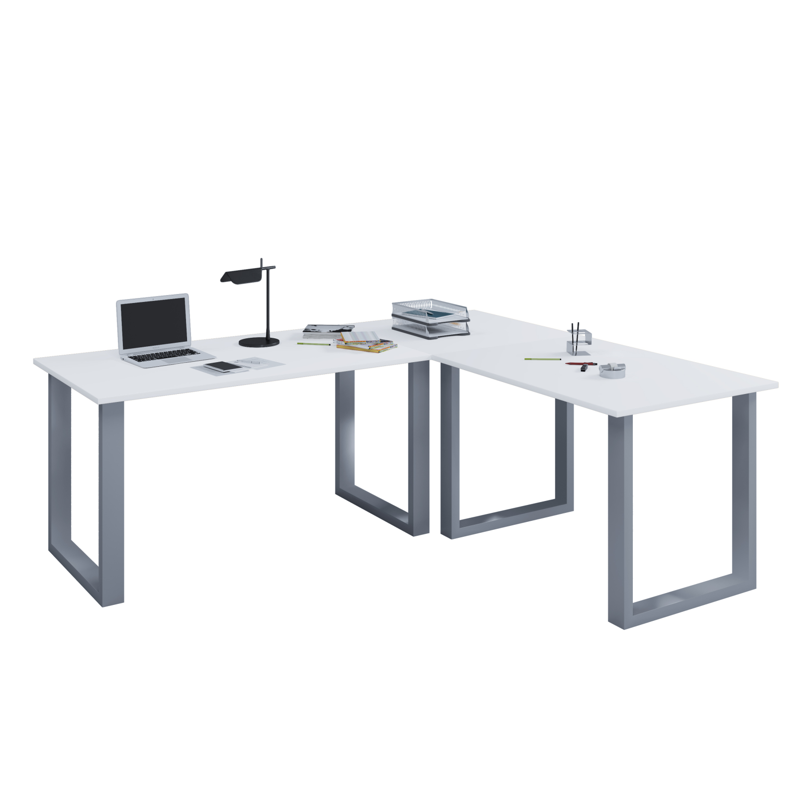 Eckschreibtisch LONA - weiß-silber - U-Gestell - 220x220 cm