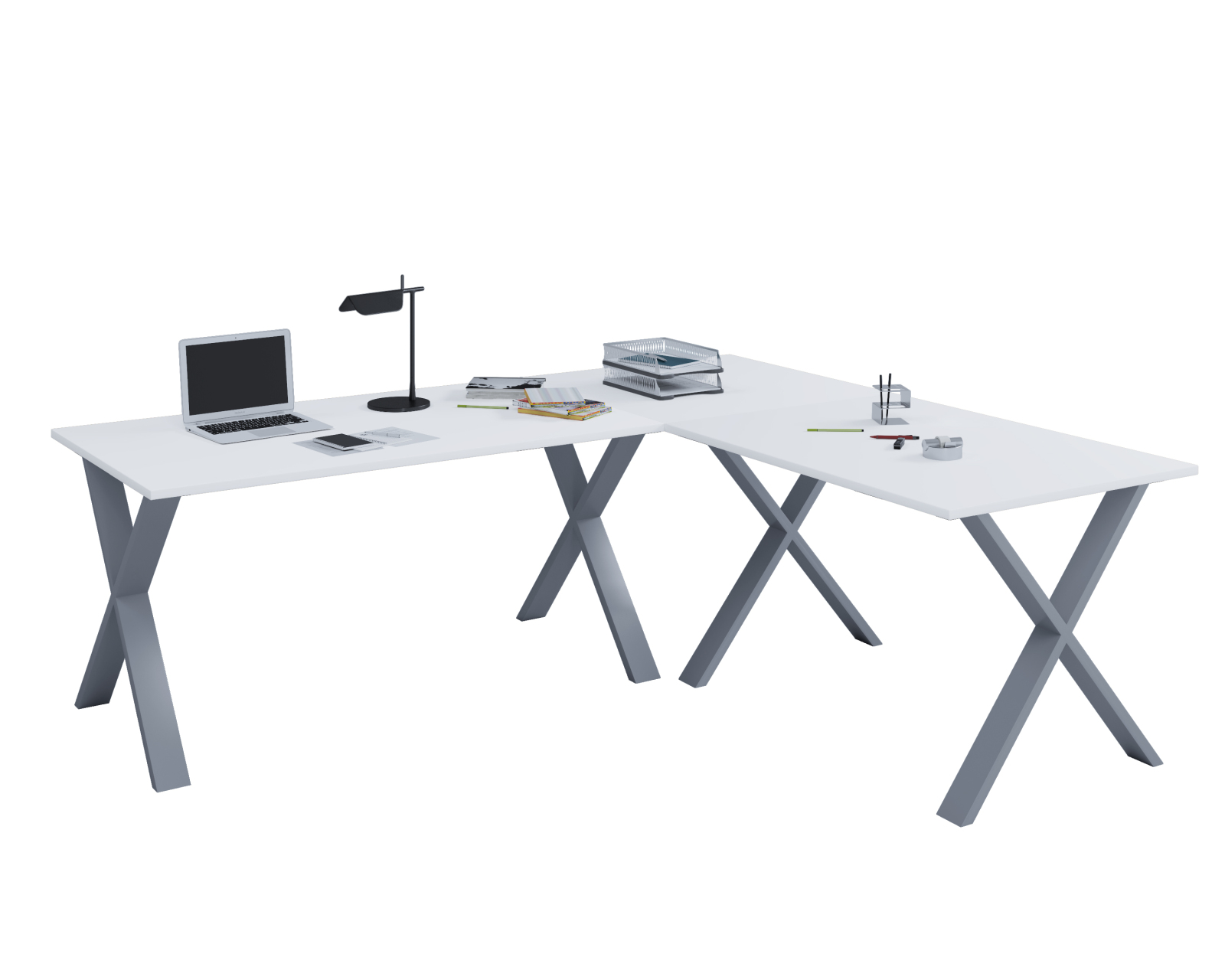 Eckschreibtisch LONA - weiß-silber - X-Gestell - 220x220 cm