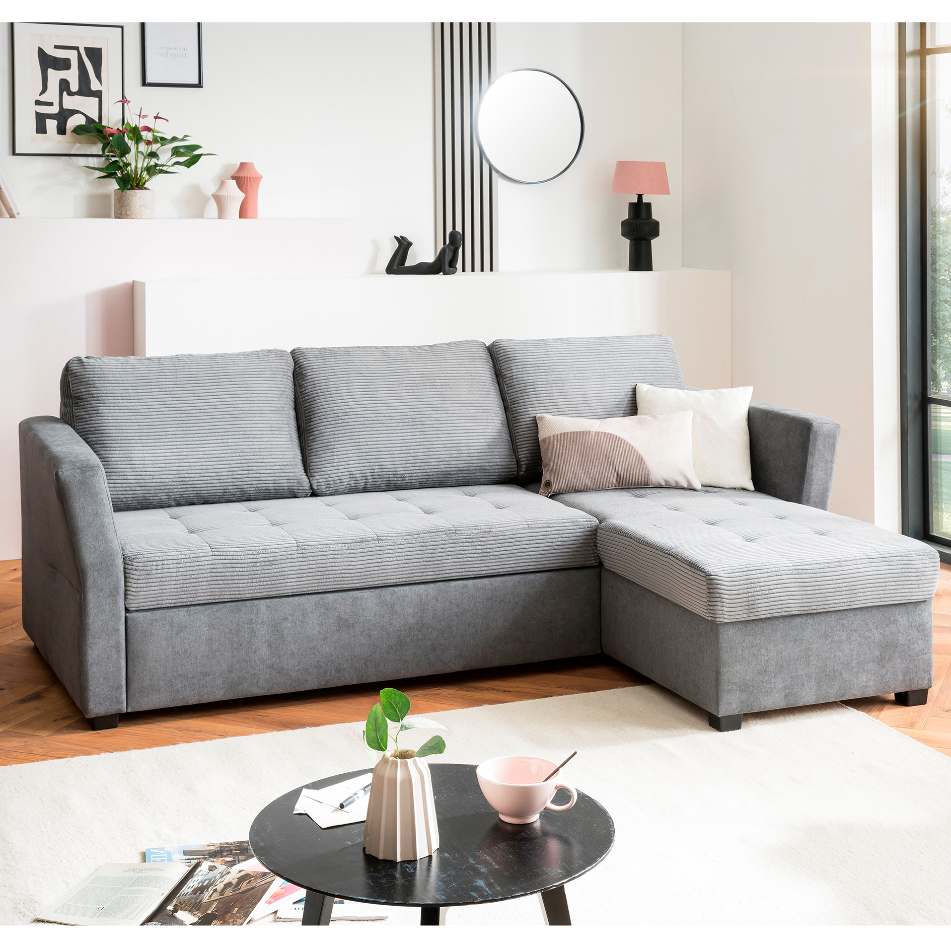 Ecksofa - ash - Cord - mit Liegefunktion und Staukasten