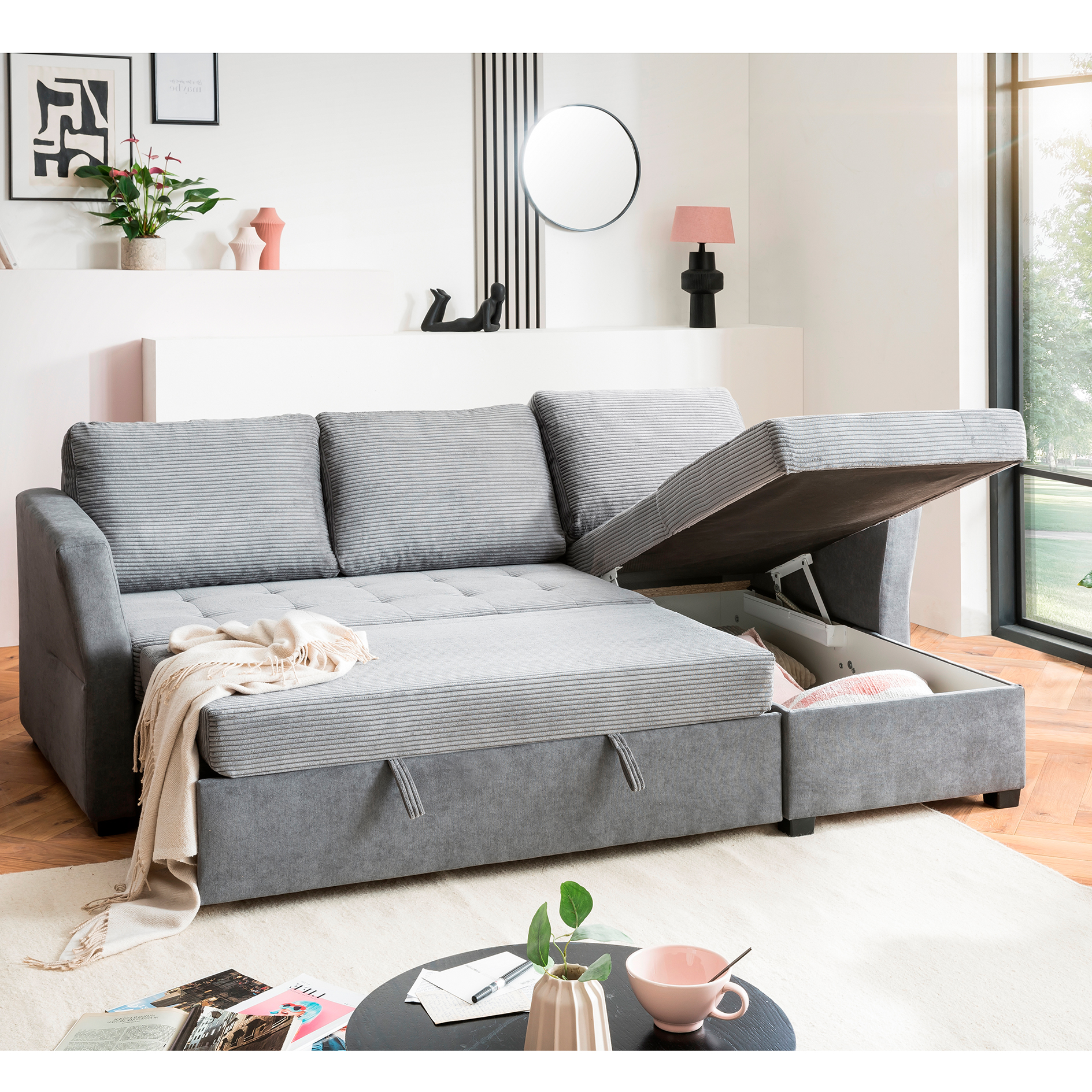 Ecksofa - ash - Cord - mit Liegefunktion und Staukasten